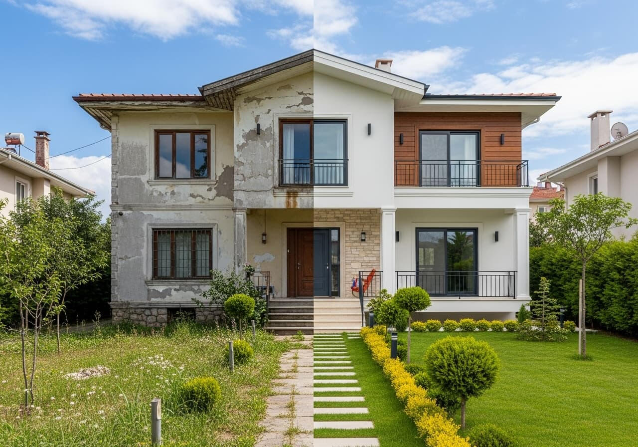 Bursa İnegöl’de villa tadilat projesi; önce bakımsız ve yıpranmış görünüm, sonra modern taş ve ahşap cephe ile yenilenmiş hali.