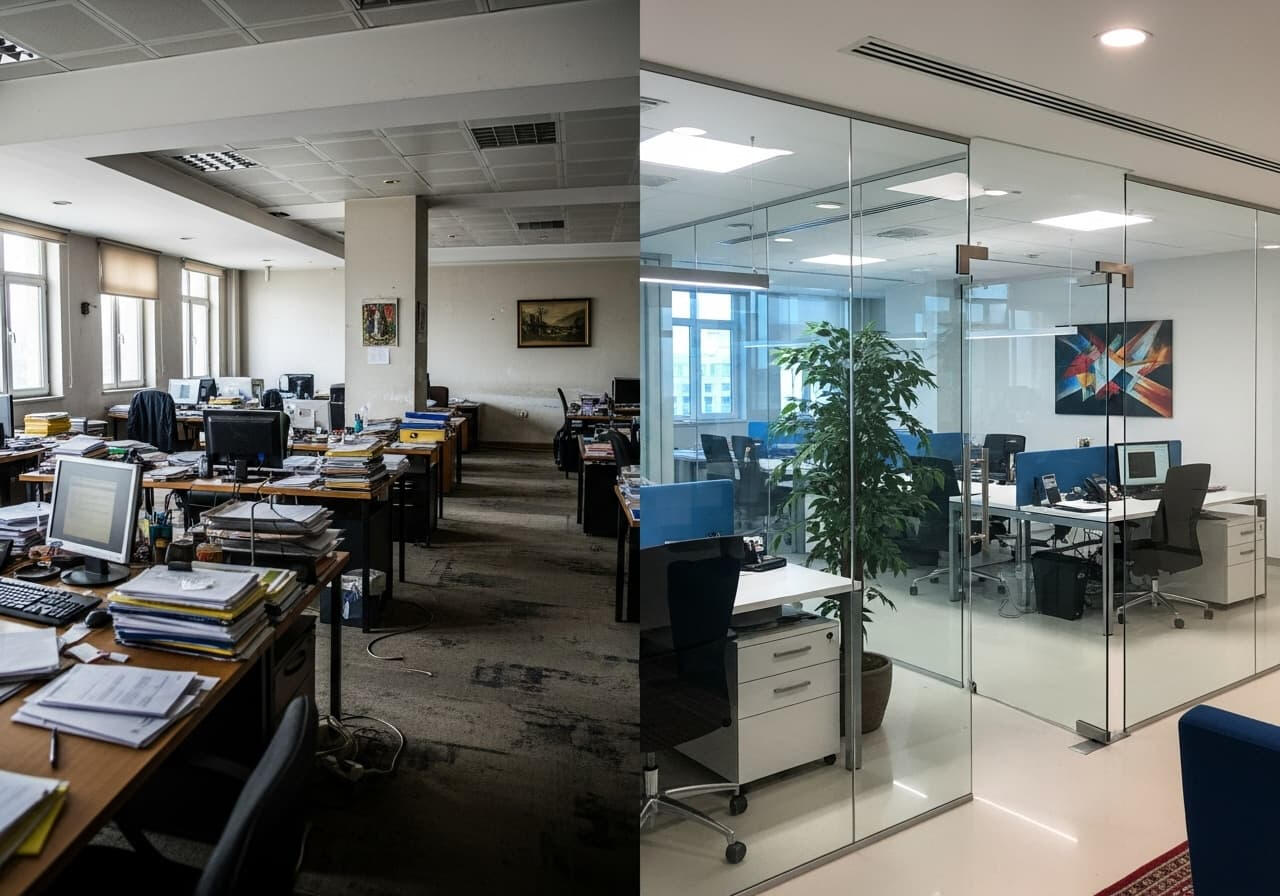 Bursa’da ofis tadilatı; önce eski, karanlık ve düzensiz ofis, sonra cam bölmeler, aydınlık dekorasyon ve modern çalışma alanı.